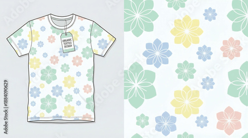 Floral Pattern T-Shirt Design with Pastel Colors and Tag