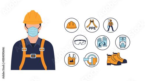 Industrial worker wears complete safety gear surrounded by icons representing different types of personal protection.