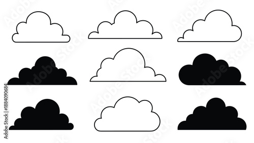 Grid of diverse cloud icons includes both outline and solid black shapes for various weather or design applications.