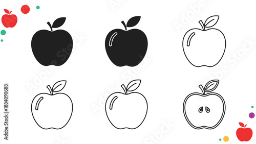 Variety of apple icons includes solid black, outline, and half-cut versions arranged for a healthy food theme.