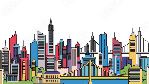Vibrant city skyline illustration showcases a variety of colorful skyscrapers and suspension bridges under a clear white sky.