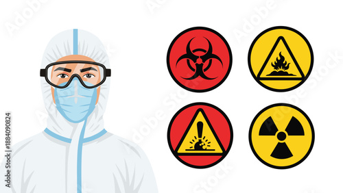 Medical worker in full protective gear stands beside warning signs for biohazard, flammable, toxic, and radioactive dangers.