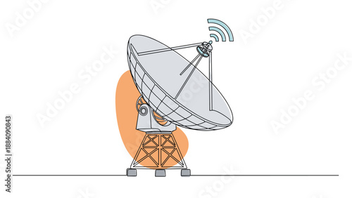 Continuous line drawing of a large satellite dish antenna transmitting telecommunication signals against a minimalist background.