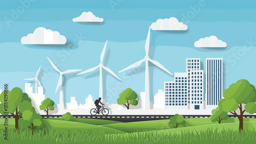 Sustainable green city concept features wind turbines for clean energy and a person cycling along a path through nature.