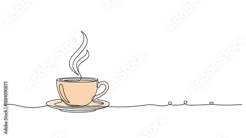Minimalist continuous line drawing depicts a steaming cup of coffee sitting on a saucer for a calm and simple aesthetic.