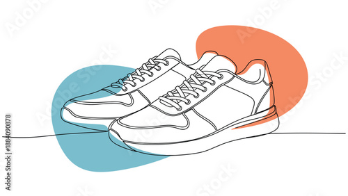 Pair of sneakers is captured in a continuous line drawing with abstract blue and orange shapes adding a pop of color.