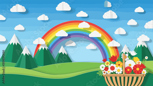 Beautiful picnic basket overflowing with spring flowers sits in a lush green valley with mountains and a vibrant rainbow.