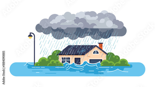 Residential house is partially submerged in deep blue floodwaters as heavy rain pours from a large dark storm cloud above.