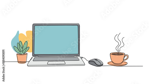 Workspace setup is depicted in a continuous line drawing featuring a laptop, mouse, potted plant, and a steaming coffee.