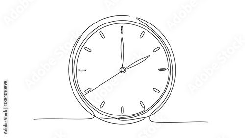 Continuous line drawing of a classic round analog clock face showing a specific time in a simple and artistic style.