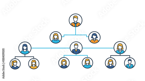 Professional organizational chart template featuring stylized avatars of people connected by lines to represent corporate hierarchy.
