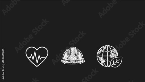 Set of three industrial chalk icons including a heart rate pulse, a construction hard hat, and a globe with a leaf for sustainability.