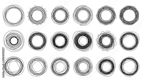 Collection of various hand-drawn circular scribbles and ink brush strokes in black and white useful for artistic textures and patterns.