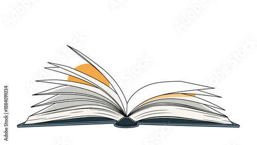 Open book with pages flipping in a continuous single line drawing style representing knowledge, education, reading, and storytelling.