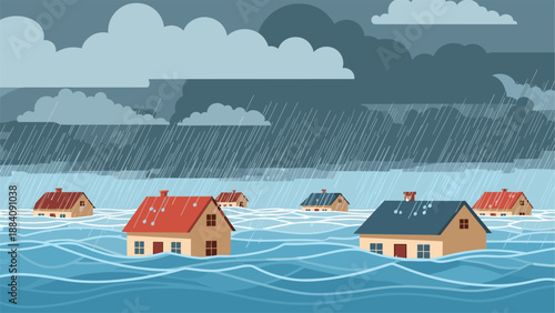 Submerged houses in a flooded residential area under a dark storm sky with heavy rainfall highlighting the impact of climate change.