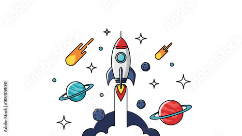 Colorful space illustration featuring a rocket ship launching into orbit surrounded by planets, comets, stars, and dark blue clouds.