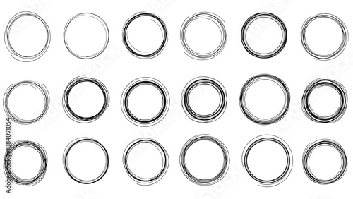 Large set of hand-drawn circular frames and borders with sketchy lines for creative photo framing, scrapbooking, and web design.