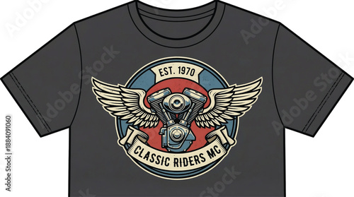 Black T-Shirt with Classic Riders MC Winged Motorcycle Graphic Design