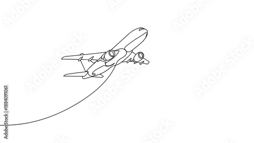 Airplane flying through the air depicted in a minimalist single line drawing style for travel, aviation, and transportation concepts.