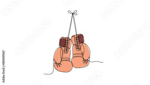 Single line drawing of a pair of boxing gloves hanging by their laces in a minimalist style symbolizing sport, strength, and competition.