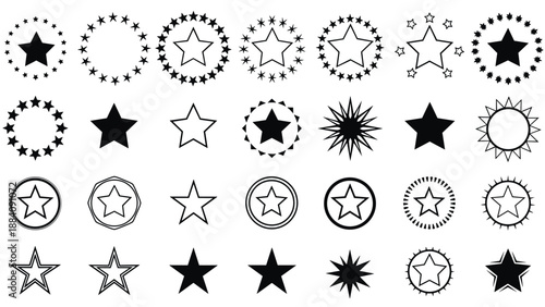 Versatile collection of star icons and symbols in various designs and styles for awards, ratings, decorations, and graphic projects.
