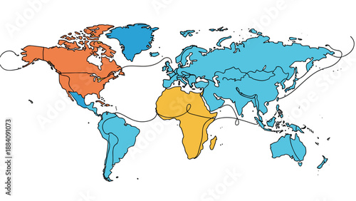 Colorful world map illustration with continents connected by a single line representing global networking and international travel.