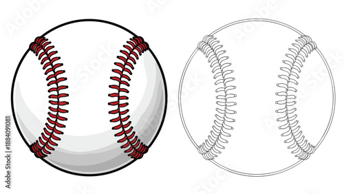 Comparison illustration showing a realistic baseball with red stitching alongside its minimalist line drawing version for design use.