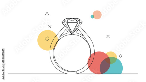 Artistic single line drawing of a diamond ring surrounded by abstract colorful circles for a modern and creative jewelry advertisement.