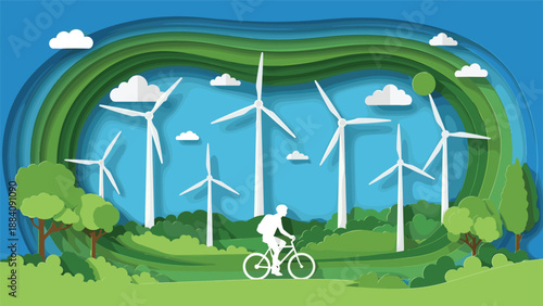 Paper cut style illustration of a green landscape with white wind turbines, trees, and a person cycling for renewable energy themes.