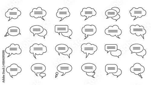 Large collection of various speech bubble and thought cloud icons in a simple line art style for communication and social media design.