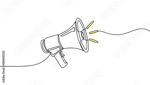 Single line drawing of a megaphone or bullhorn with sound waves in a minimalist style for announcements, protests, and marketing.