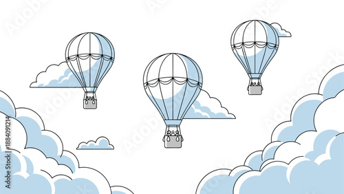 Three hot air balloons drifting peacefully among white fluffy clouds in a blue sky representing freedom, adventure, and travel.
