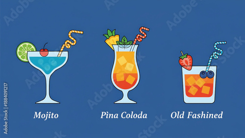 Cocktail Illustrations: Mojito, Pina Colada, Old Fashioned on Blue