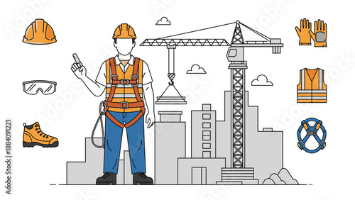 Construction site safety elements including a worker in a harness and various icons of personal protective equipment for industrial workers.