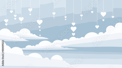 Soft blue background featuring white clouds and hanging heart shapes for a romantic, dreamy, and whimsical atmosphere for celebrations.