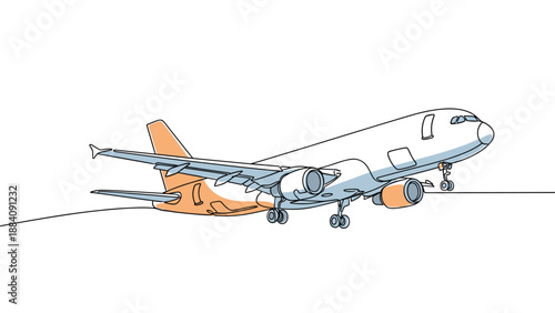 One continuous line drawing of a commercial airplane taking off into the sky for travel and aviation themes with a simple minimalist design.
