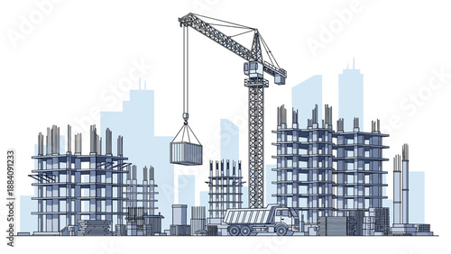 Construction site landscape with building frames and tall cranes against a city skyline in a blue and white stylized vector illustration.