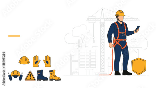 Construction worker using a mobile phone with safety equipment icons including a helmet boots and gloves for occupational health themes.