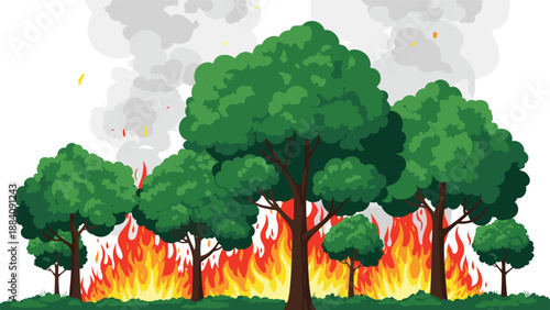 Forest fire with large flames burning behind a row of green trees and heavy smoke rising into the sky during a natural disaster event.