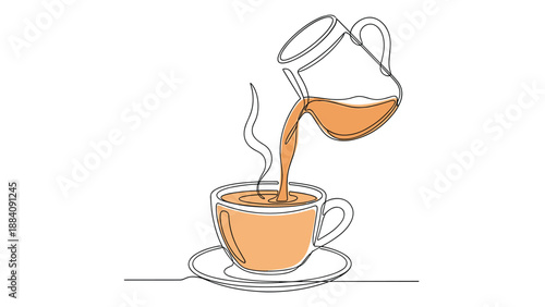 Single line drawing of hot tea or coffee being poured from a glass pitcher into a porcelain cup on a saucer for a breakfast concept.