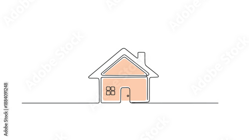 Minimalist continuous line drawing of a small house with a simple roof and light peach color infill for residential real estate themes.