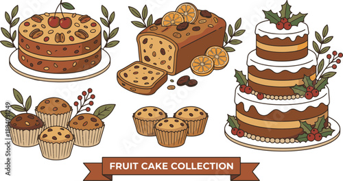 Assorted Fruit Cakes and Muffins Collection Illustration