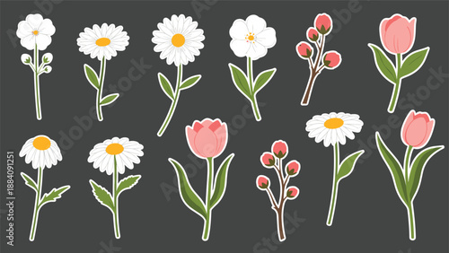 Collection of various colorful flower stickers including daisies and tulips on a dark gray background for creative floral design projects.