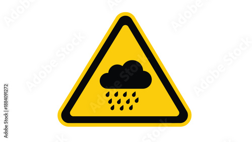 Yellow triangular warning sign features a black rain cloud icon to alert people to potential heavy weather hazards.