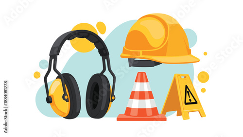 Industrial safety gear includes a yellow hard hat, ear protection muffs, a traffic cone, and a caution floor sign.