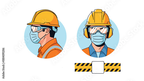 Icons show workers wearing essential personal protective equipment like hard hats, safety glasses, and face masks.
