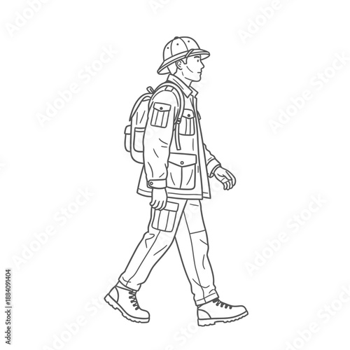Adventurous Explorer Walking with Backpack and Hat Line Art.