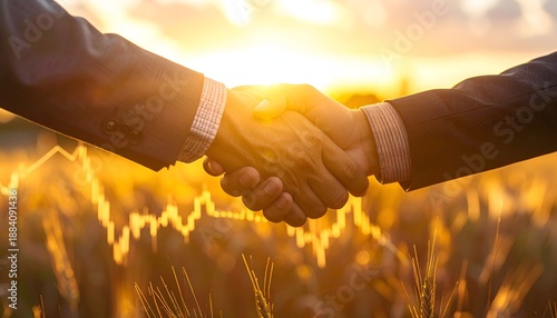 Close-up of hands shaking against golden field and stock chart