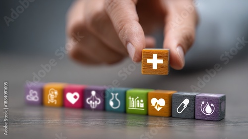 Conceptual Close Up Of Wooden Cube With Healthcare Symbol Arrangement