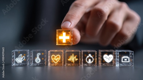Modern Transparent Cube Healthcare Concept with Glowing Icons and Human Hand